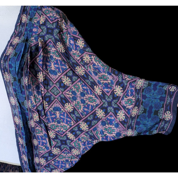 Feathers by Tolani Blue Open Front Art to Wear Long Cocoon Kimono Boho Geometric - Picture 5 of 7